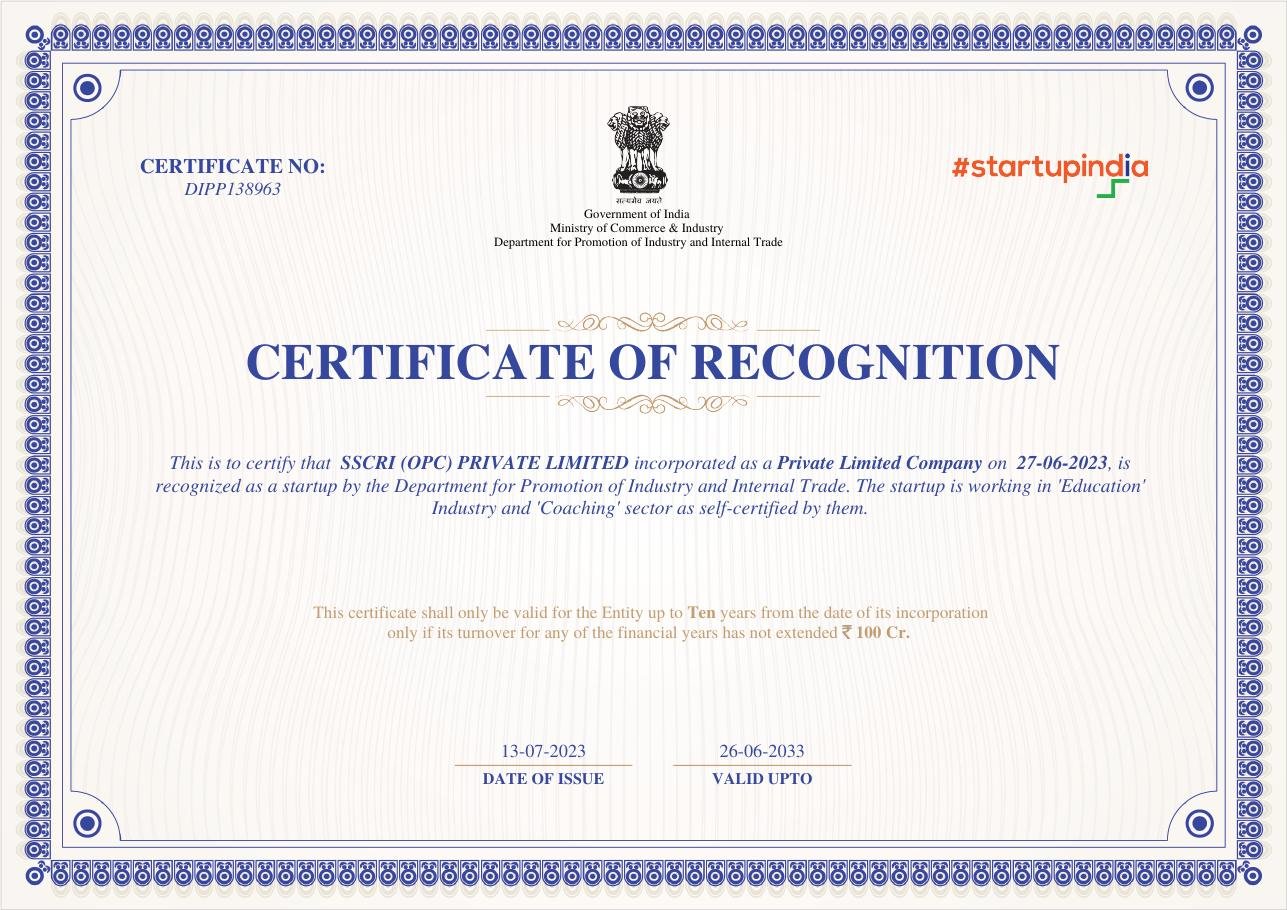 SSCRI Startup India Certificate of Recognition